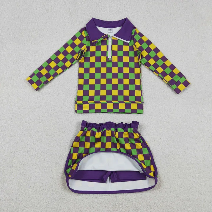 

Purple Green Yellow Plaid Zipper Top Shorts Skirts Girls Mardi Gras Yoga Outfits
