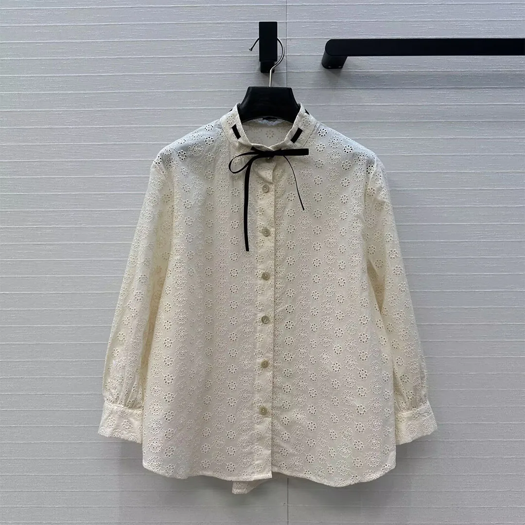 

2025 New Autumn Fashion Hollow Embroidery Floral Beige Cotton Shirt Women Sweet Vintage Bow Collar Long Sleeve Loose Blouse