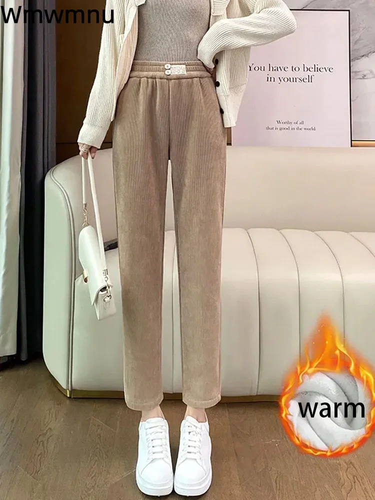 المرأة عادية مطاطا سراويلي حريمي سميكة المخملية سروال قصير بنطلونات فضفاض مستقيم عالية الخصر موضة بنطلون Hosen #1