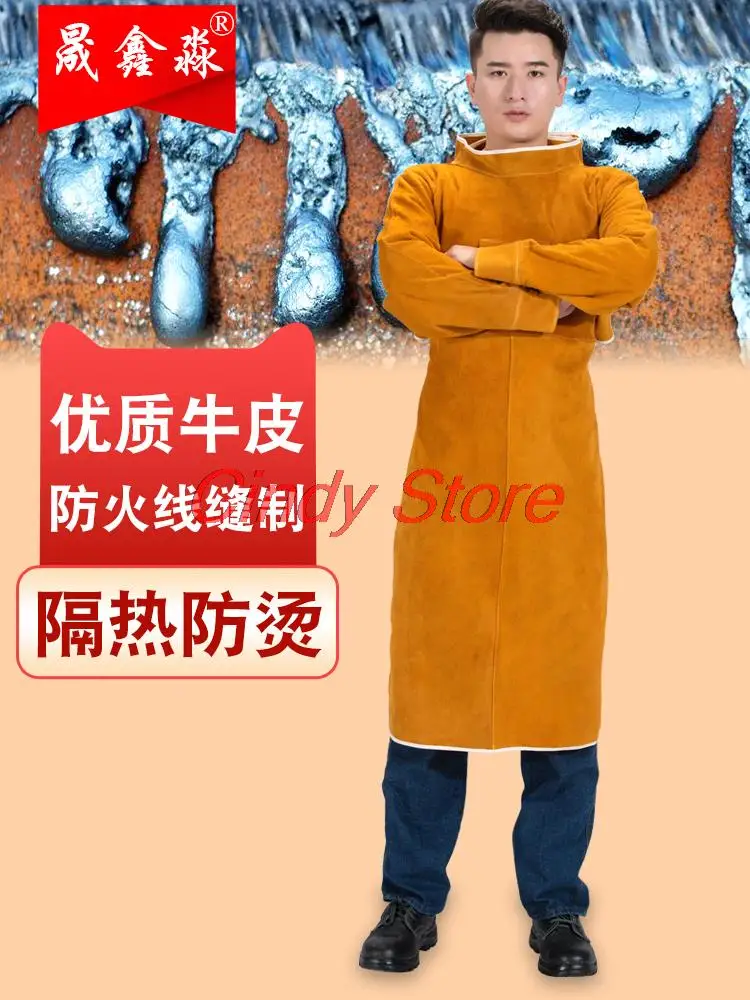 Welding Apron Flame Retardant Long Sleeve Welder Protective Clothing Split Leather Fire-Resistant