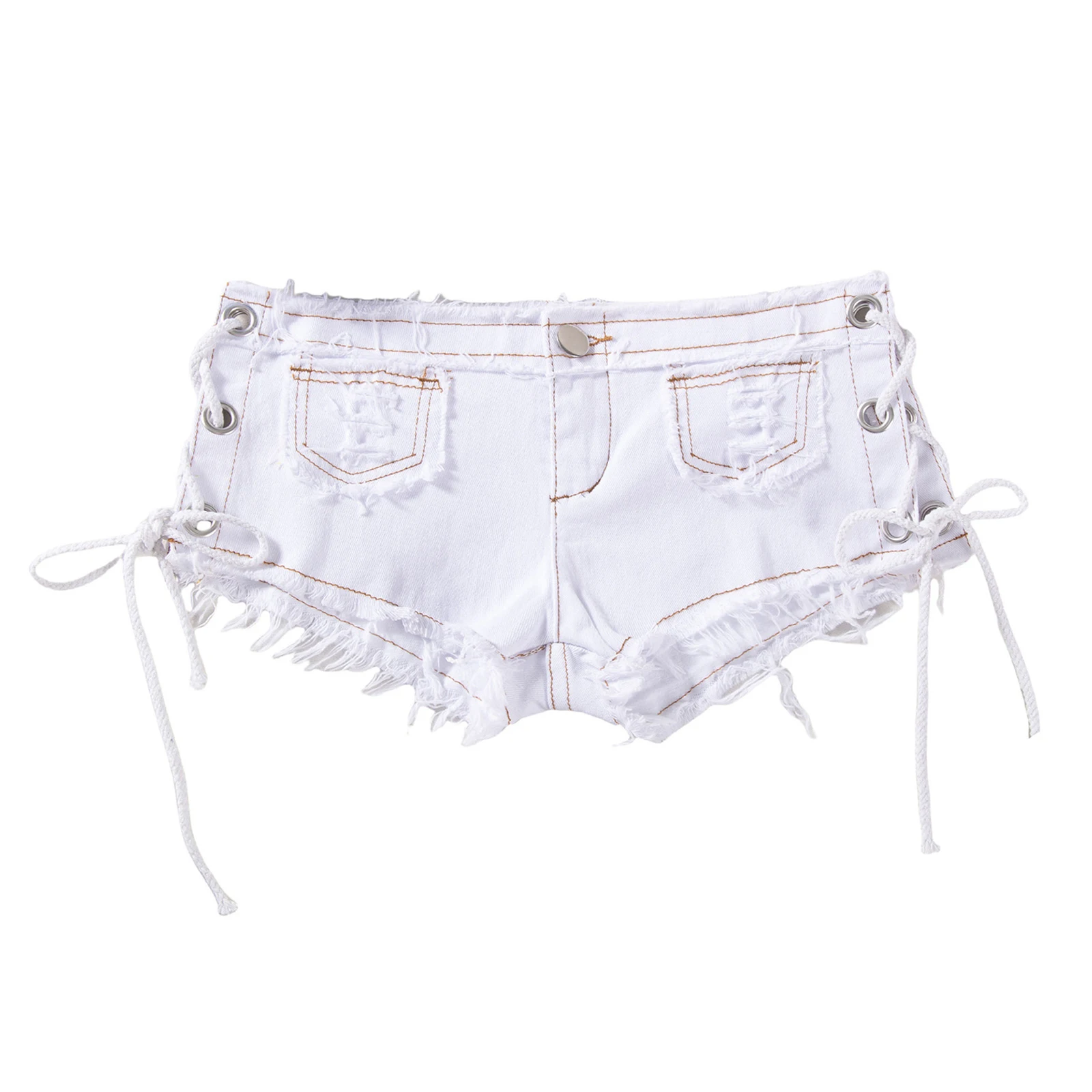 

Mens Low Rise Extra Short Hot Pants Raw Edge Ripped Denim Shorts Jeans Shorts with Sides Lace-up Booty for Rave Party Clubwear