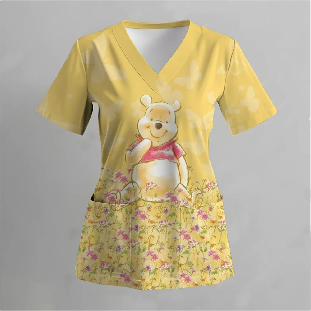 Uniforme d'infirmière imprimé Disney Donald Duck Winnie l'ourson, gommages de soins de santé de poche, chemise de travail pour personnel de soins infirmiers