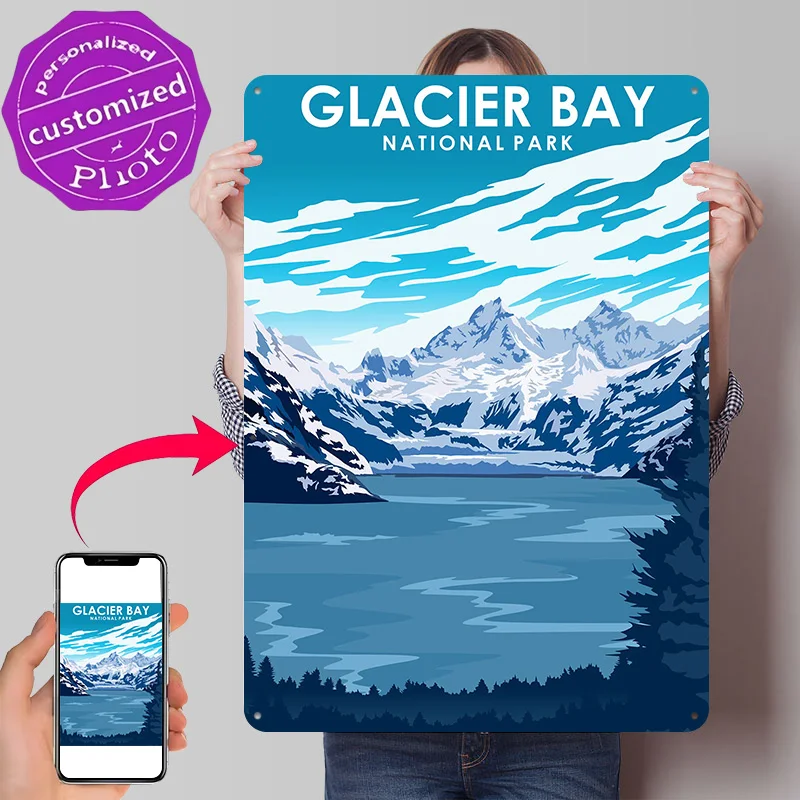 Affiche texturée imprimée en 3D Parc National de la Baie de Glacier, Art mural personnalisé, Panneaux métalliques rétro pour la décoration, Décoration murale de luxe pour la maison