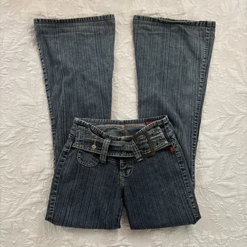 Y2K Vintage Low Rise Flare Jeans Women Harajuku Fashion Pockets Buckle Belt Blue Denim Pants Gothic Hot Girl Slim Fit Trousers