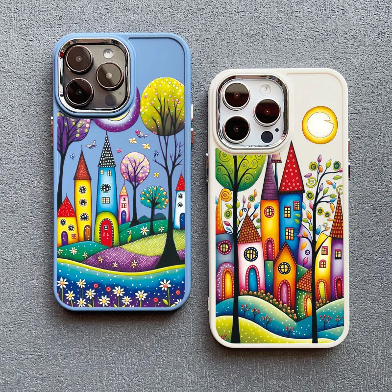 Hand Painted Forest House Silicone Phone Case For iphone 16 15 14 Pro Max Plus 11 13 12 Pro Max X XR XS 7 8 SE2 Shockproof Cover