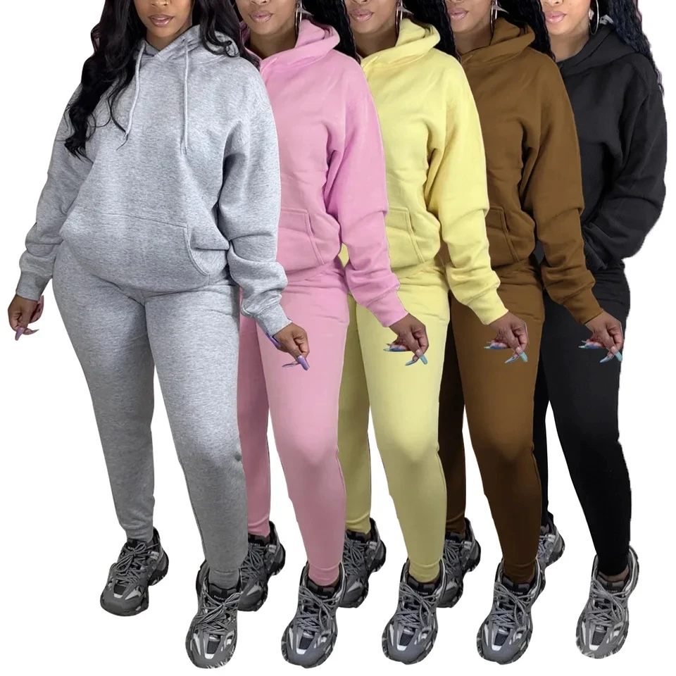 2026 Autumn Winter New Pure Color Hooded Sweatshirt Fleece  Sports Trousers Two Piece Set Yoga Multiple Colors Optional