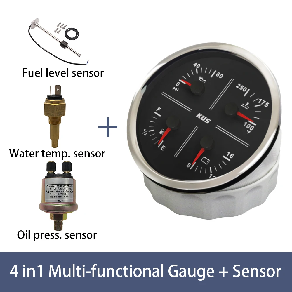 KUS 110mm Multi-functional Tachometer 3 in 1 Meter 4 in 1 Oil Pressure Fuel Level Water Temp 12V Voltmeter for RV Ship Universal