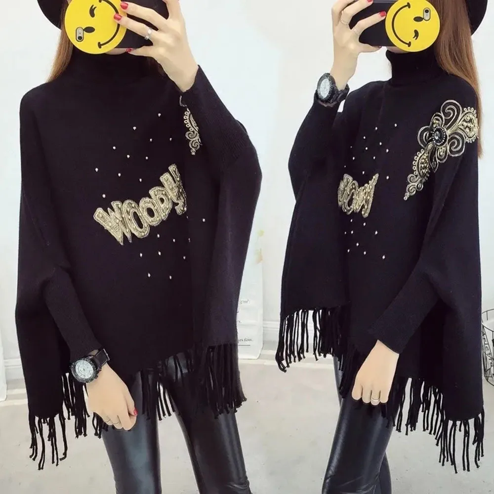 Fashion Turtleneck Women Poncho Spring Winter Jumper Knitted Sweater Cape Warm Pullover Cloak Chic Embroidery Ladies Shawl Tops