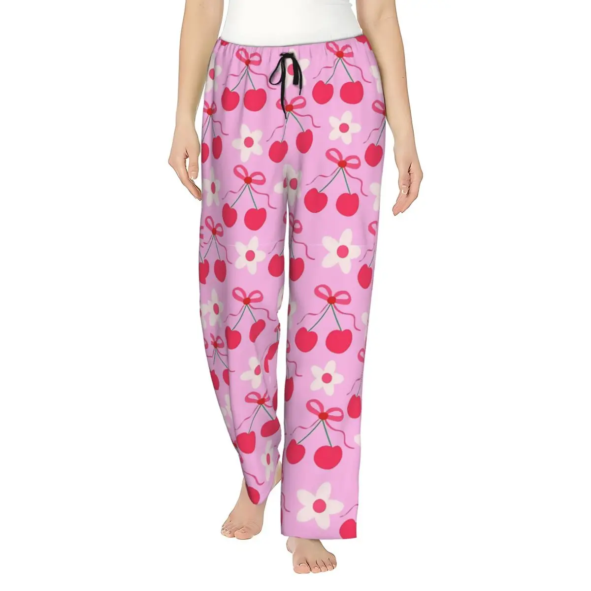 

Cherries With Preppy Red Bows And Ladies Loungewear pants with Pockets Pink Bow Cherry Pattern Pajama Pants Home Pajama Bottoms