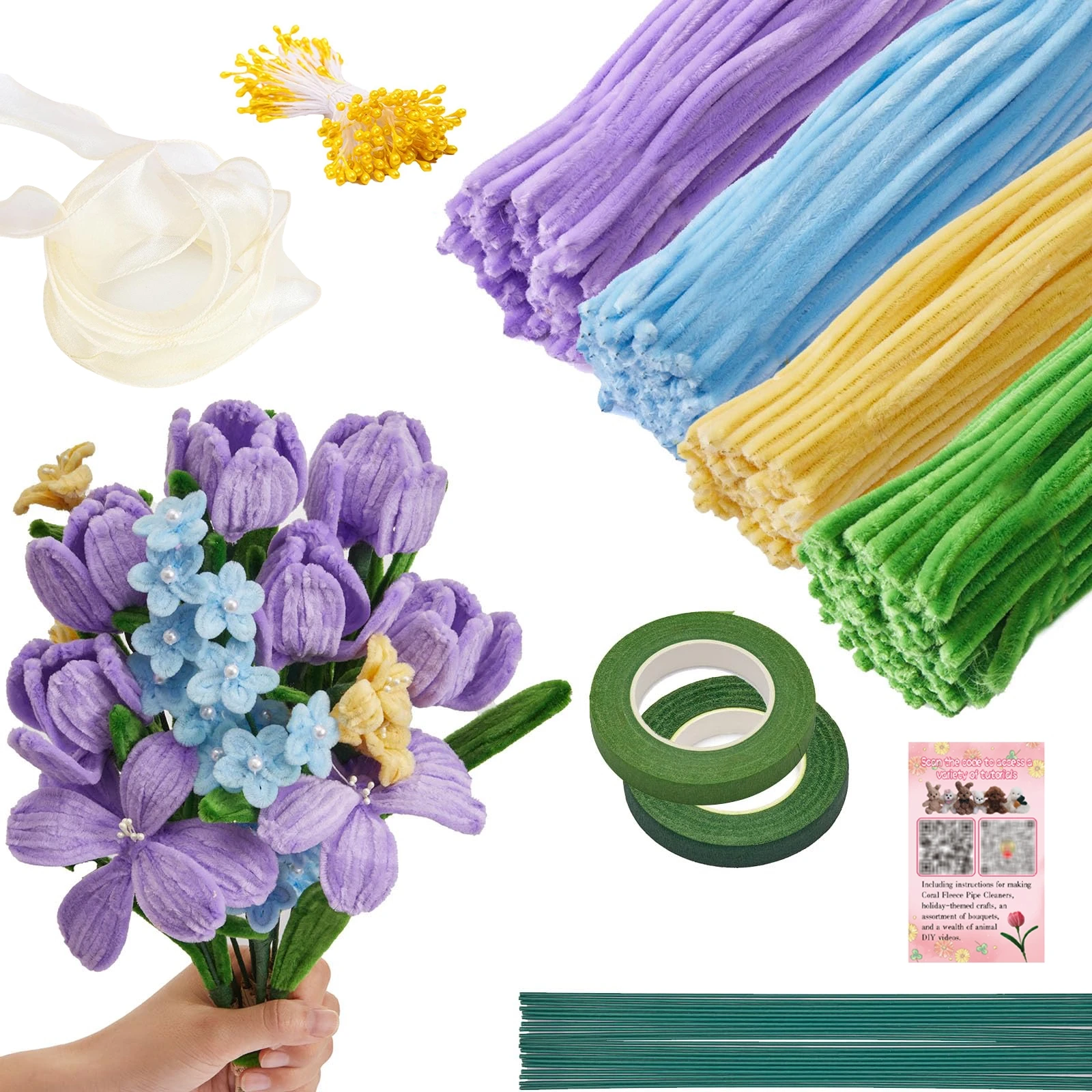 564/974Pcs Lily Pipe Cleaner Craft Kit,Includes Chenille Stems,Floral Tape,Flower Wire,Ribbon,With Tutorial.Creative Gift