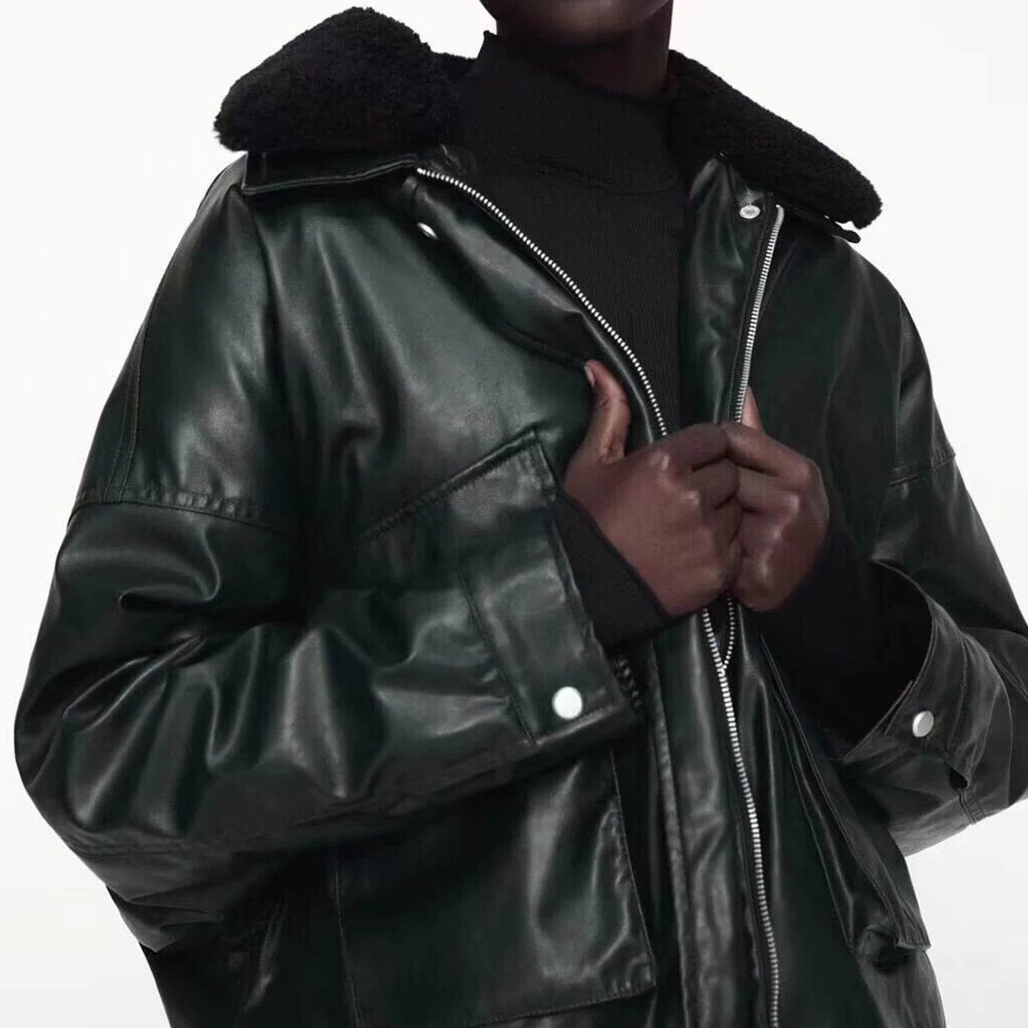 Jaqueta de Couro Fena Estilo Casual com Gola de Pele Removível, E, Juvenil, Manga Longa, Fechamento com Zíper, Com...