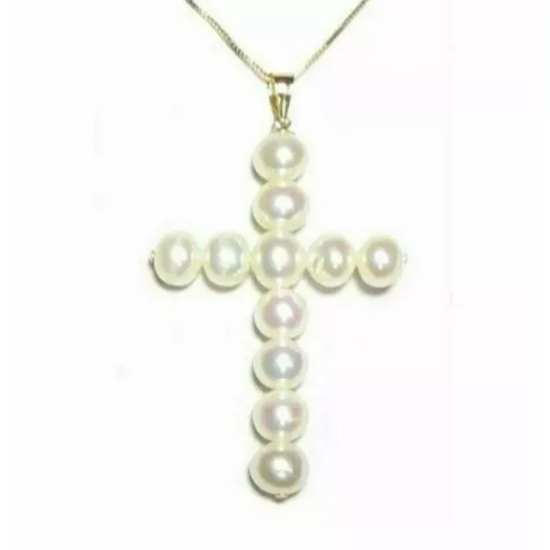 14K Gold AAA 7-8mm Natural White South Sea Pearl Cross Pendant -