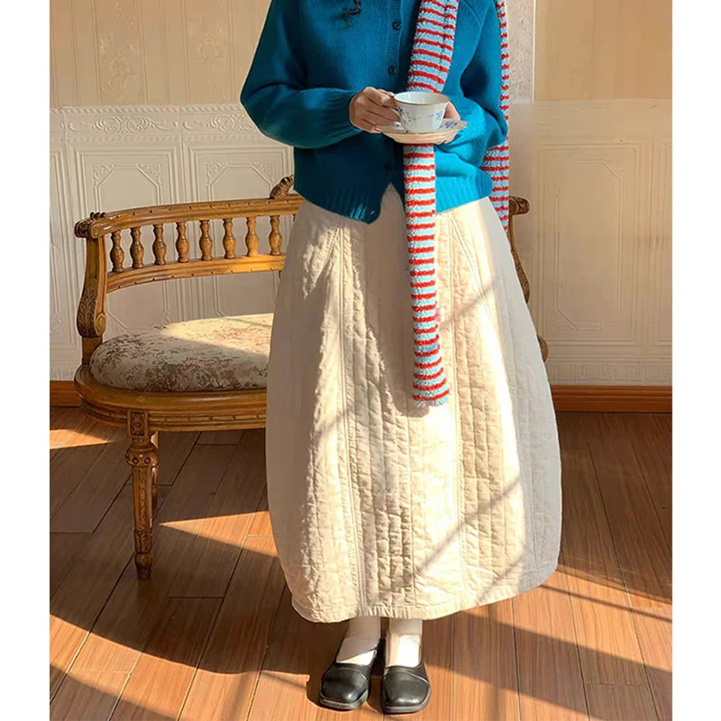 

MEXZT Vintage Quilted Midi Skirt Women Japanese Harajuku Thicken Bud Skirts Winter Ladies Streetwear Korean Loose Casual Faldas