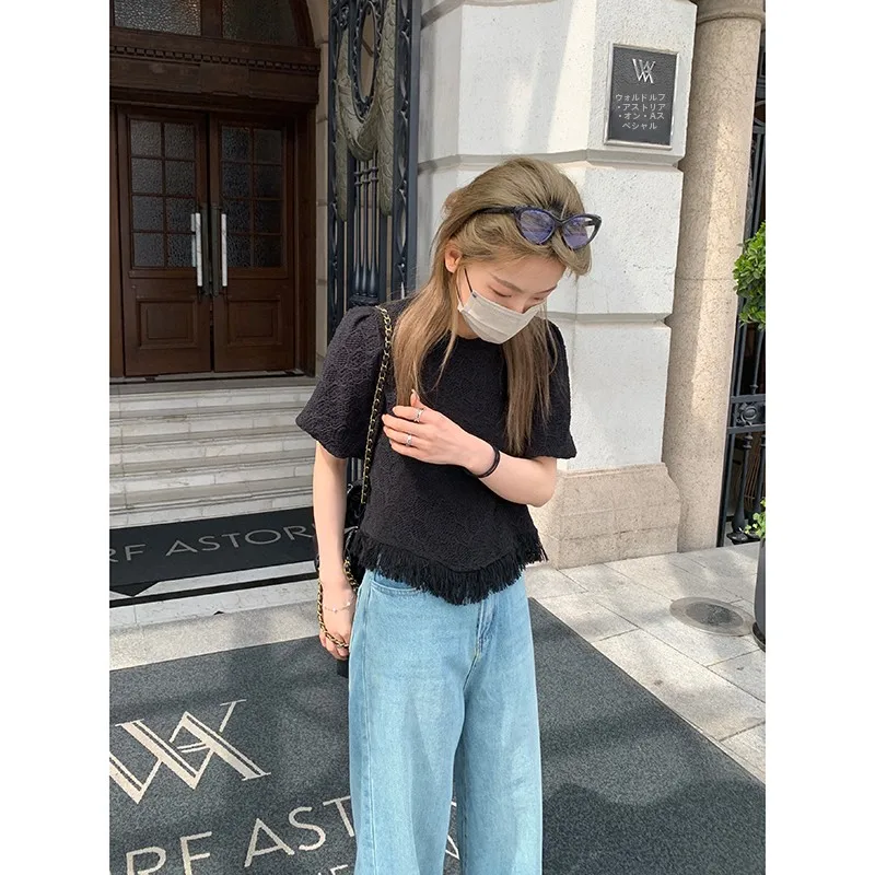 French Sle Bubble Sve Knitted ort Sve T-irt Women's Faion Design Sensation Summer New Arrival Charming Lace