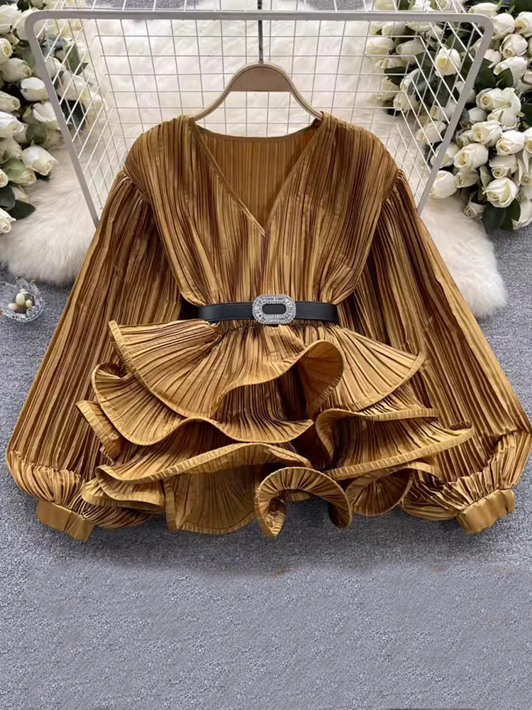 EWQ Ruffles Pleated Blouse For Women Fashion V Neck Belt Gathered Waist Lantern Sleeves Tops Fashion 2024 Summer New 27C111