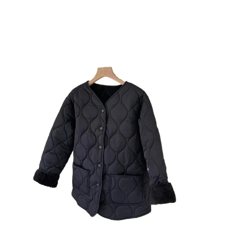 Winter Imitation Lamb Fleece Spliced Down Cotton Jacket for Women, Korean Edition Loose Ling Grid Lightweight Warm Cotton Jacket