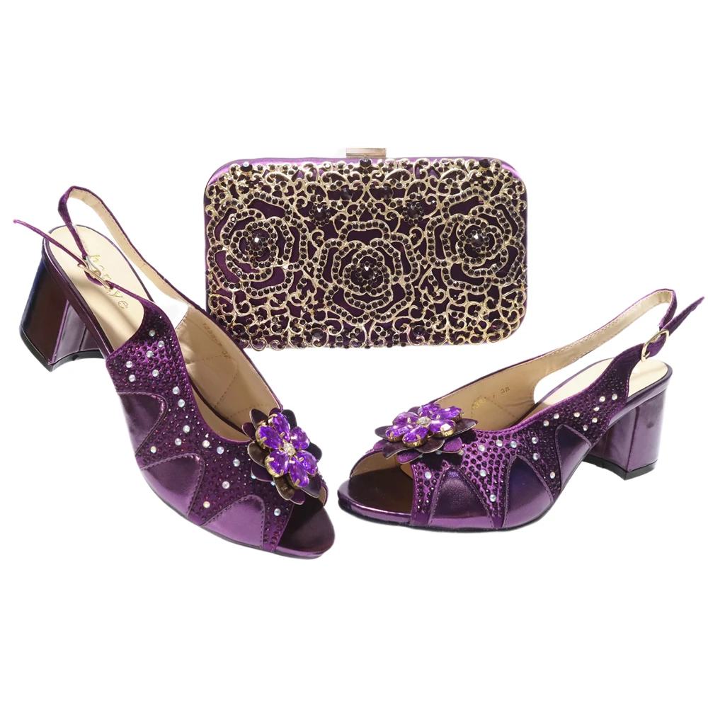 Women's Purple Party Rose Flower Crystal Clutch Bag Matching Peep-toe Shoes In Summer Italian Style Chunky Heels With Handbag