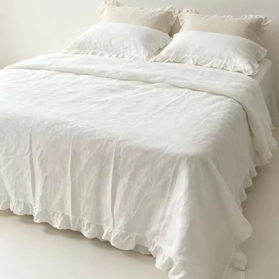 100% Linen Ruffled Edge Quilt Cover Set, Includes 1 Ruffle Quilt Cover and 4 Ruffled Pillowcases, Boho Romantic Linen Bedding