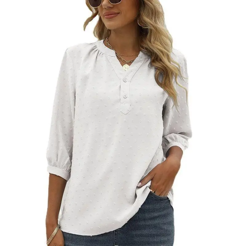 

Women's Standing Collar Mid-Sve irt with Wool Ball Loose Fit Polyester Fabric Five-Quarter Sve Color Summer irt
