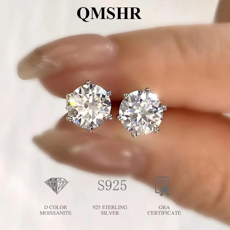 

QMSHR 0.5-3ct D Color Certified Moissanite Stud Earrings For Women Diamond 925 Sterling Silver Gold Plated Wedding Fine Jewelry