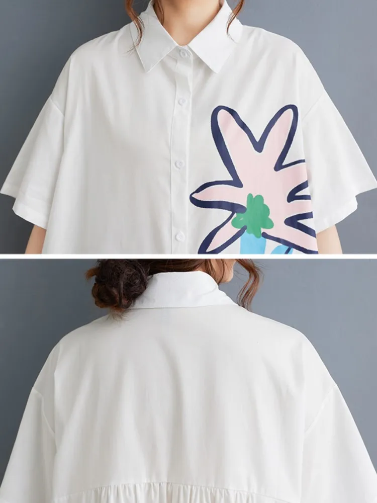 Oversized verão camisa vestido feminino impressão moda casual solto senhoras vestidos de manga curta mulher camisas longas vestido
