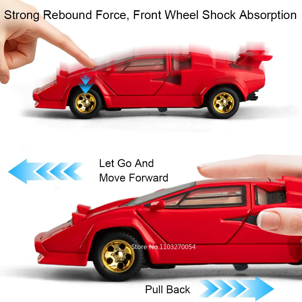 1:32 Lambor Countach LP500S V12 Miniatur-Spielzeug, Druckguss-Legierung, Modellauto, Türen, geöffnet, Sound, Licht, zurückziehbares Fahrzeug, beliebtes Ornament