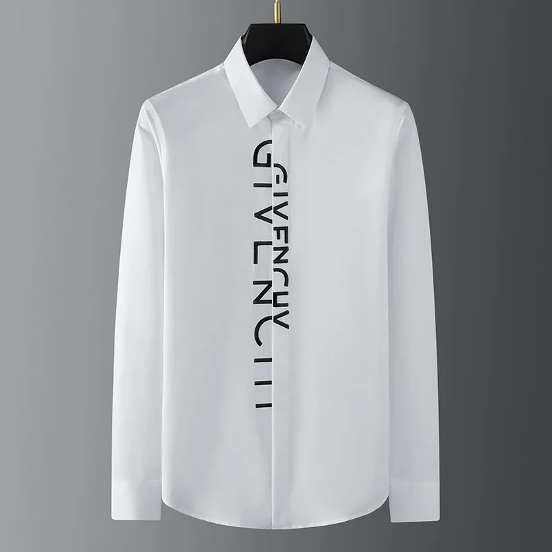 Spring and Autumn Misplaced Letter Embroidery Slim Fit Long sleeved Shirt Men\'s Fashion Business Casual Shirt