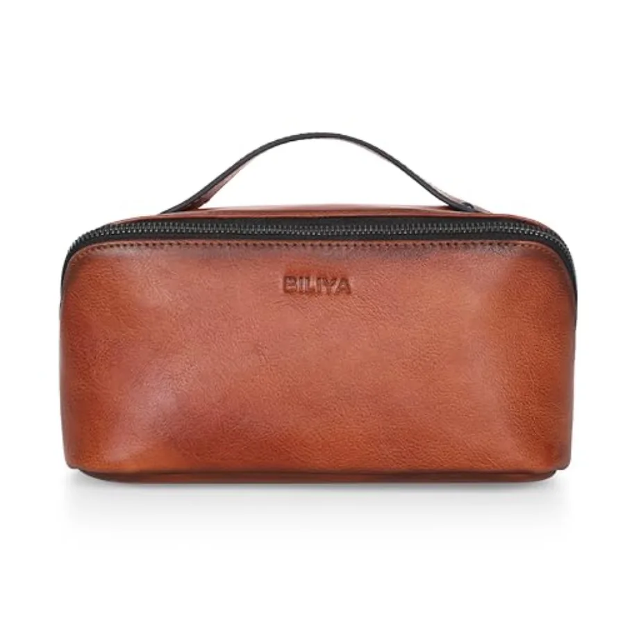 

Hand Rubbed Genuine Leather Makeup Bag Vintage Brown Cowhide Cosmetic Case with Handle Handmade Travel Organizer for Women