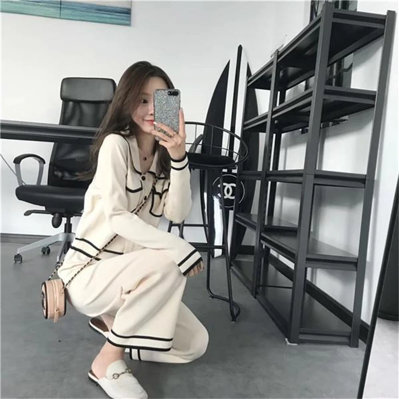 Elegant Knitted Pants 2 Piece Set Women Korean Fashion Cardigan Conjuntos Spring Casual Ankle-length Wide Leg Pantalones Outfits