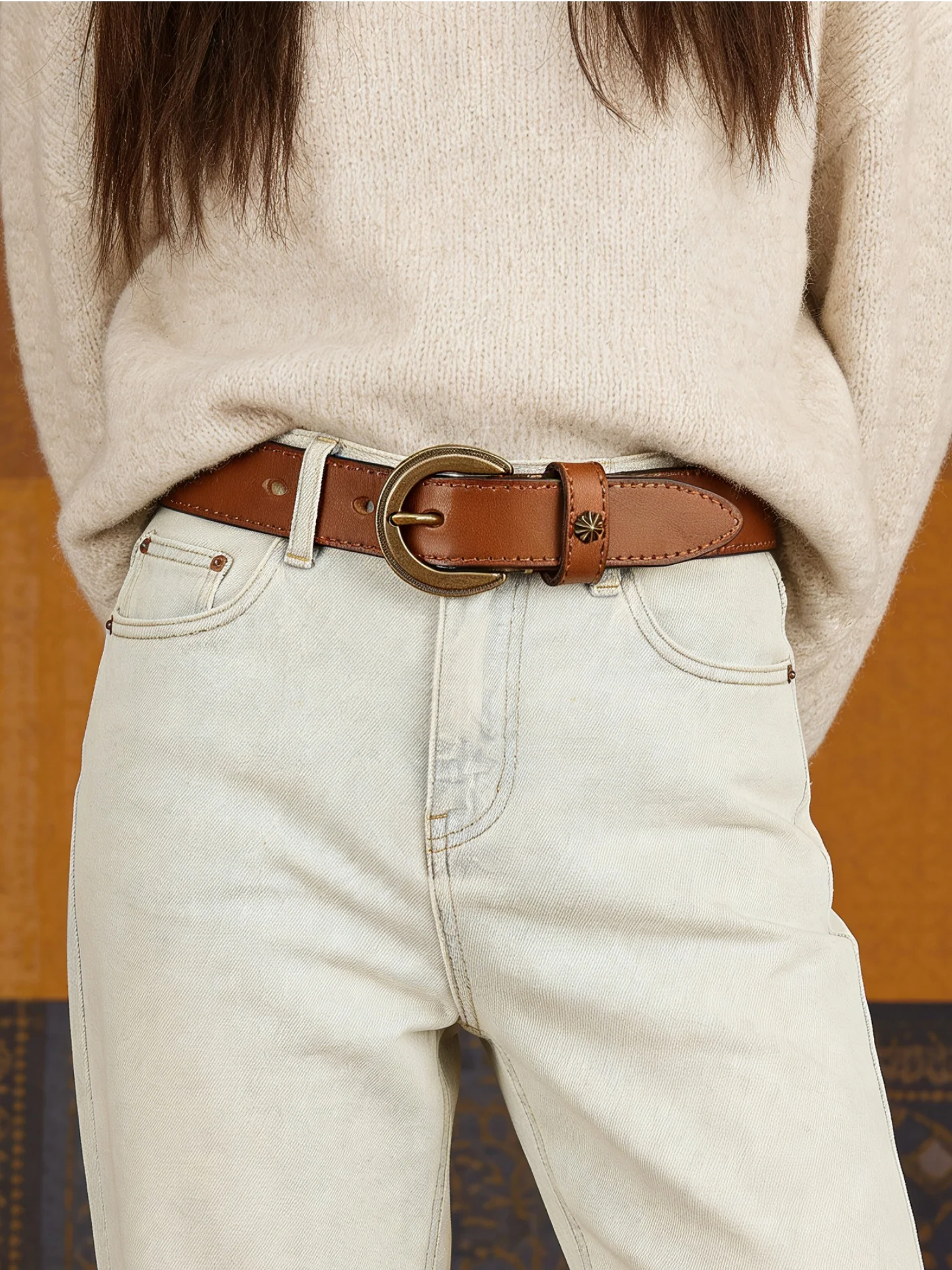 retro-coffee-leather-belt-women's-versatile-decorative-belt-heavy-metal-buckle-head-layer-cowhide-fashionable-casual-wear
