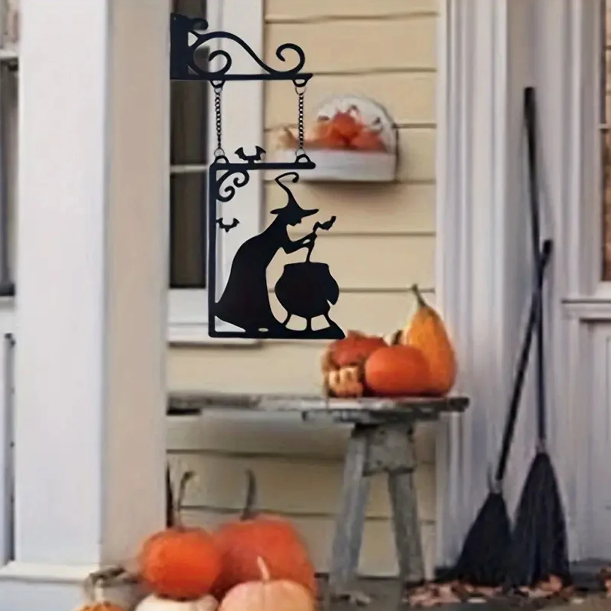 Halloween Witch Furnace Silhouette Metal Pendant for Party Door Decoration
