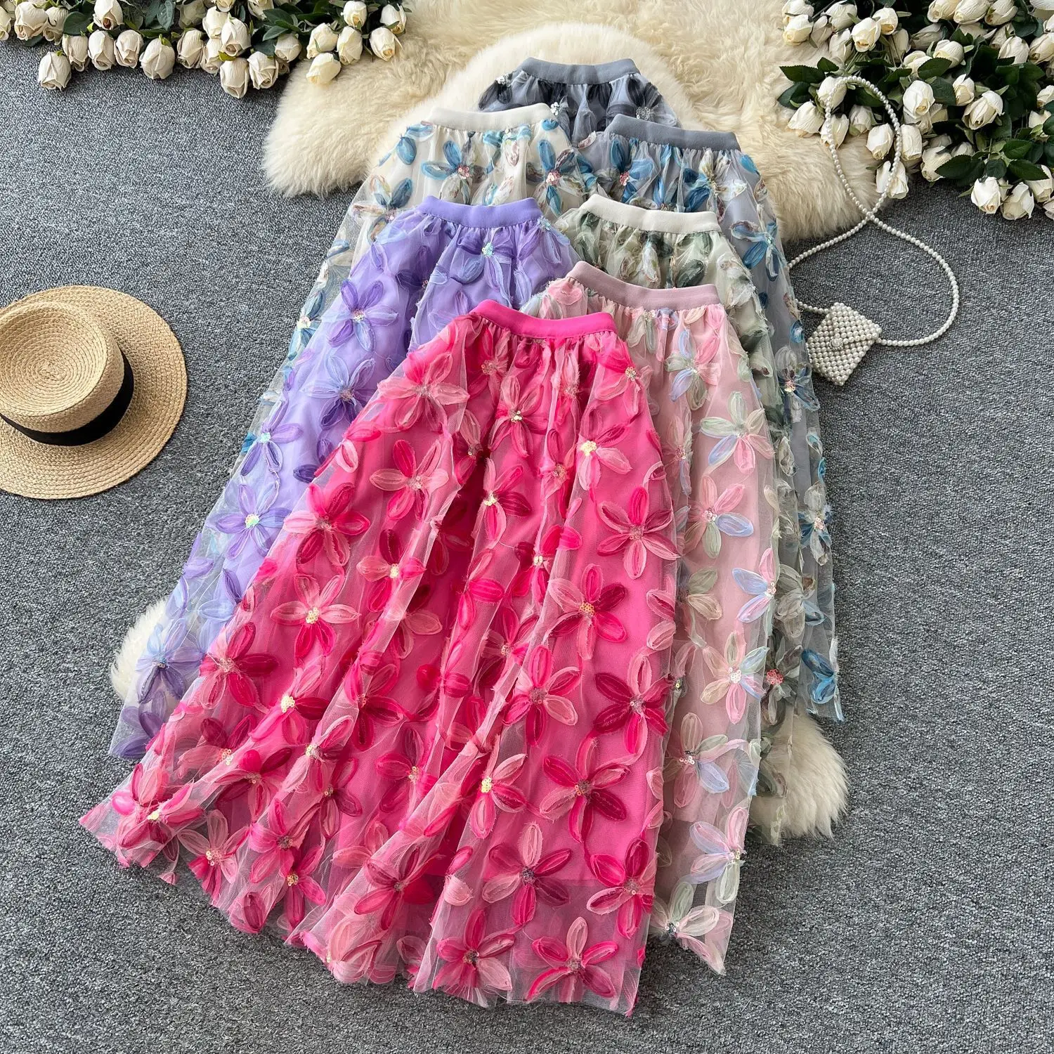 Autumn Winter Flower Embroidery Sequin Mesh Midi Skirts Women 2026 Korean Style Fashion Elegant High Waist Faldas