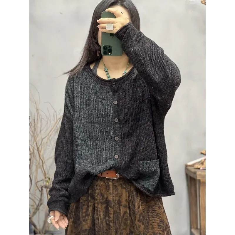 

Autumn New Retro New Chinese Style Old Contrast Color Splicing Knitted Cardigan Loose Casual Cardigan Jacket for Women