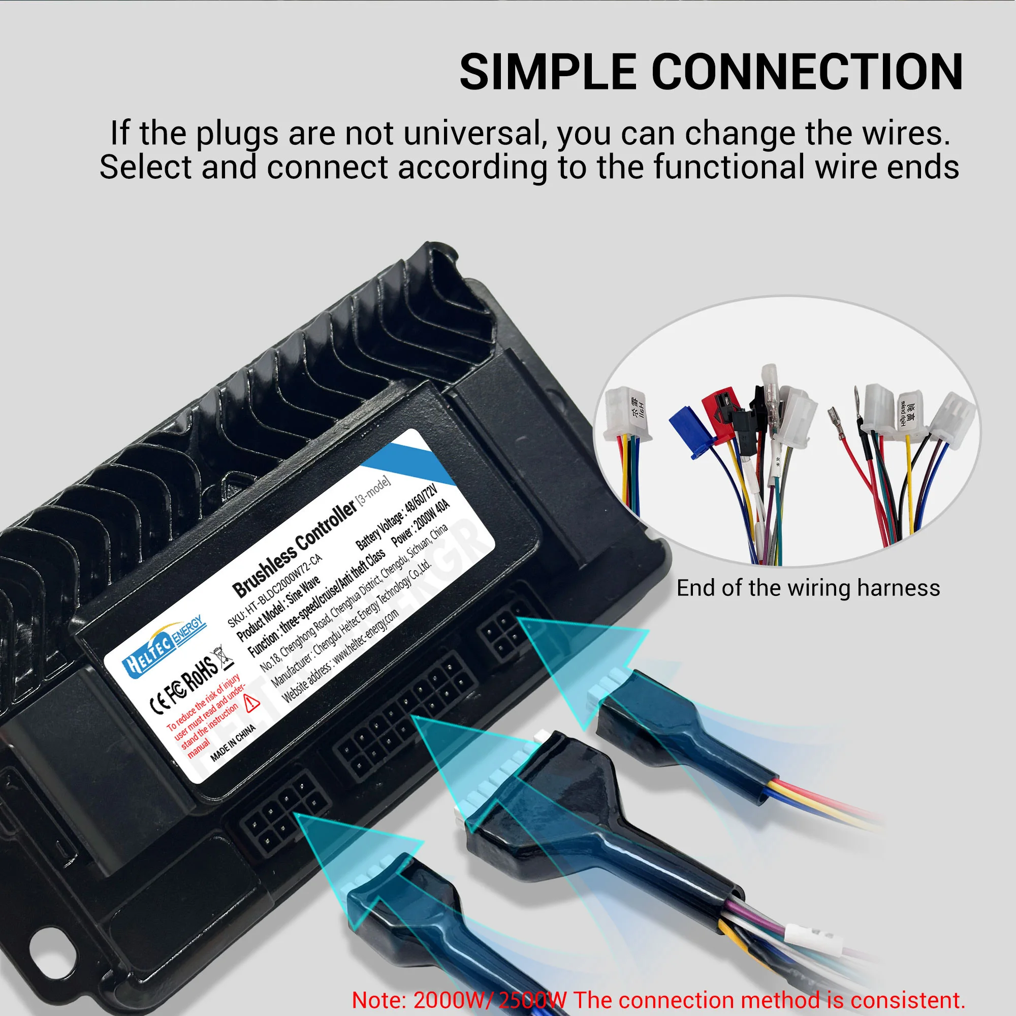 Brushless DC Controller 40A/45A 2000W/2500W for 48V/60V/72V Two-Wheel Three-Wheel Electric Vehicle Motor Speed Regulator