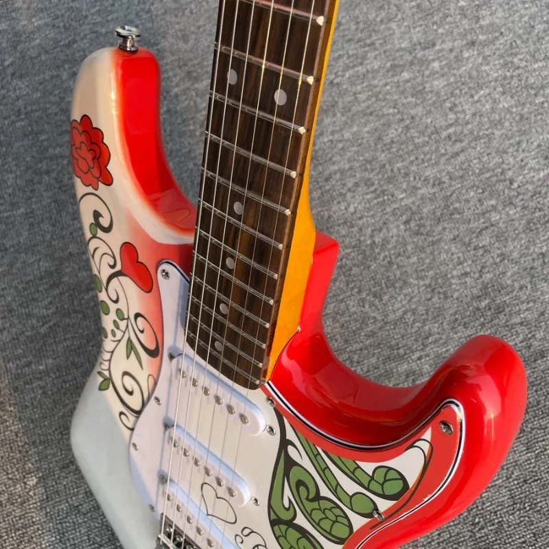 Jimi flower red STQ Electric Guitar, SSS Single Coil Pickups, Maple Neck Tremolo Bridge Psychedelic Graffit Monte