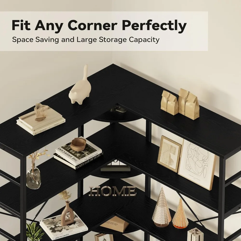 خزائن الكتب الصناعية وأرفف الكتب من IRONCK، خزانة كتب زاوية مكونة من 5 طبقات مع ألواح منحنية، رف على شكل حرف L مع إطار معدني لـ Ope #4