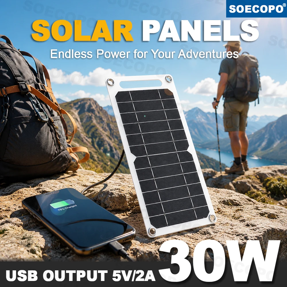 30W Solar Panel With USB Waterproof Outdoor Hiking And Camping Portable Battery Mobile Phone Charging Bank Charging Panel 6.8V
