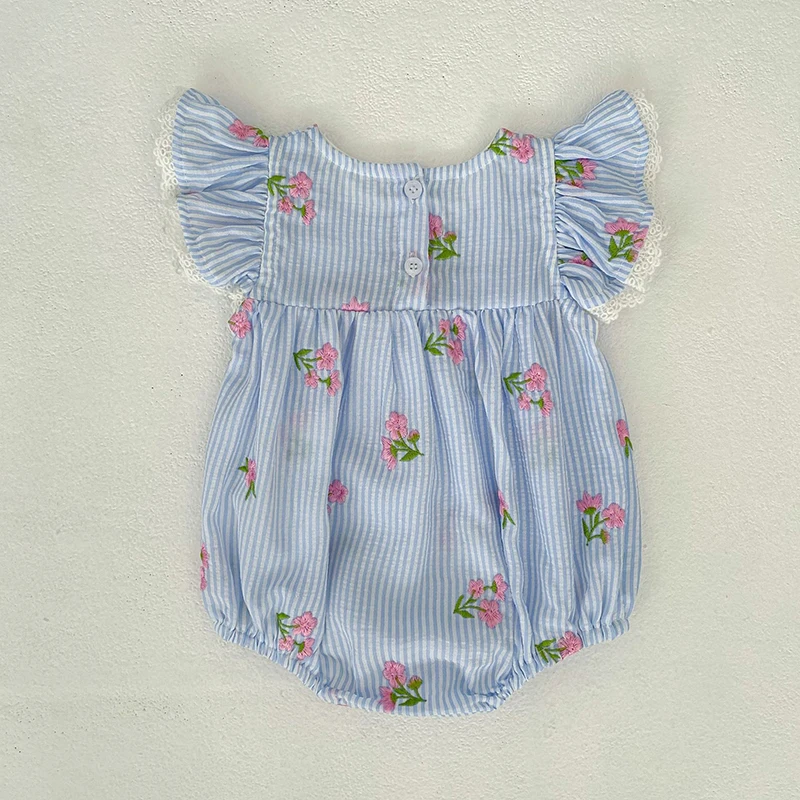 2026 Neuer Sommer 0-24M Kleinkind Mädchen Flügelärmel Baumwolle Gestreifter Jumpsuit Blumenmuster Western Baby Mädchen Blauer Strampler – Detail 10