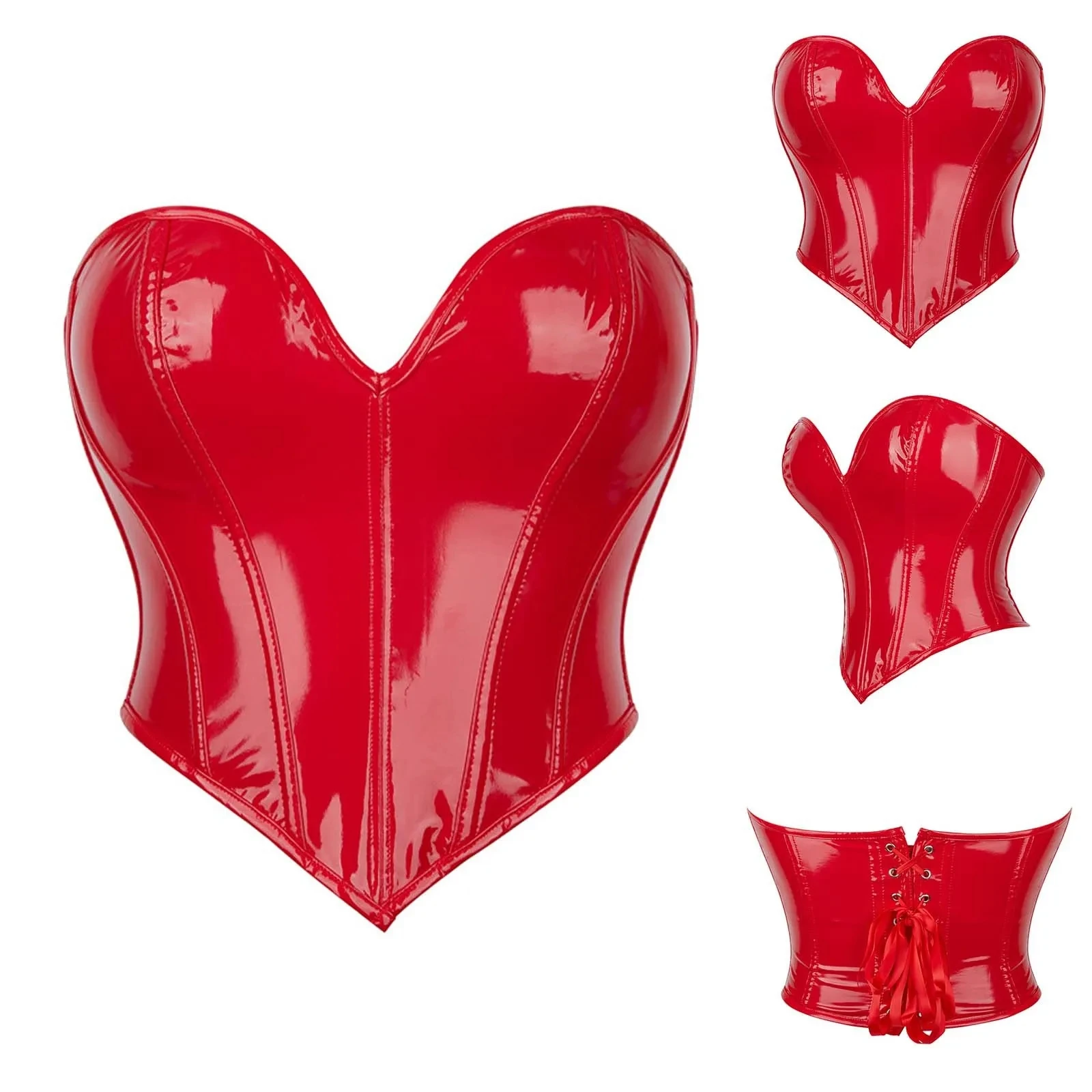 Brown Solid Shiny PVC Corset Crop Top Body Shaper Women Strapless Lace Up Gothic Bustiers Female Push Up Corselet Tube Top Vest