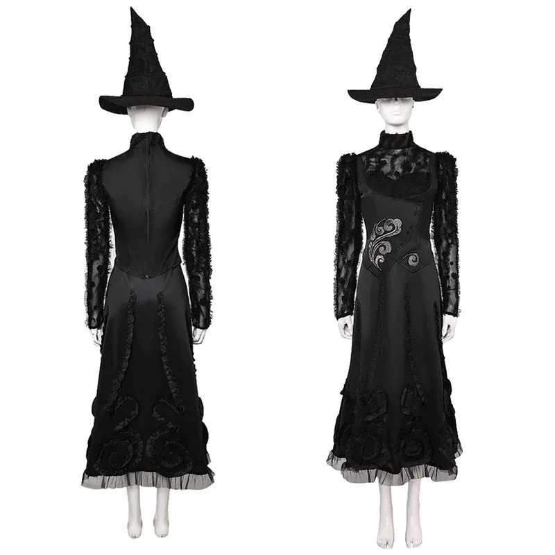 

asdh8@2025 Movie Wiked Costume Disguise Witch Elphaba Cosplay Fantasy Mesh Sleeve Dress Hat Adult Women Roleplay Fantasia Outfi