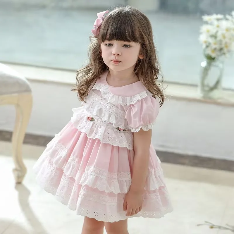 2026 New Kids Girl Lolita Short Sleeve Dress Summer Children's Pink Palace Princess Puff Dress 80-120CM