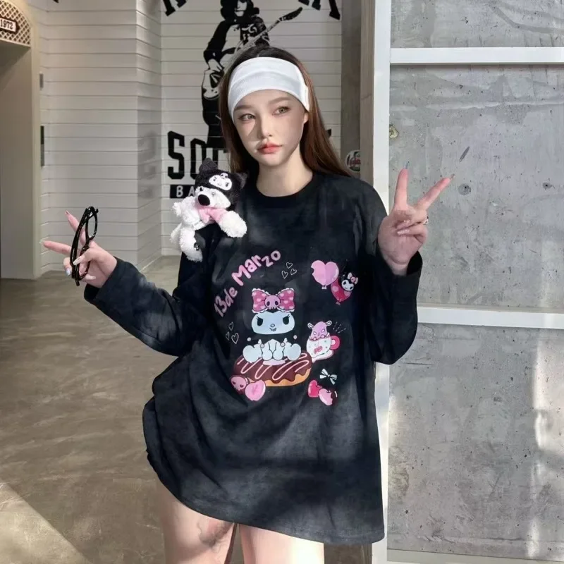 Miniso Kuromi T-shirt Pure Cotton Printing Three-dimensional Doll Long Sleeves Loose Slimming Round Neck Leisure Versatile Tops