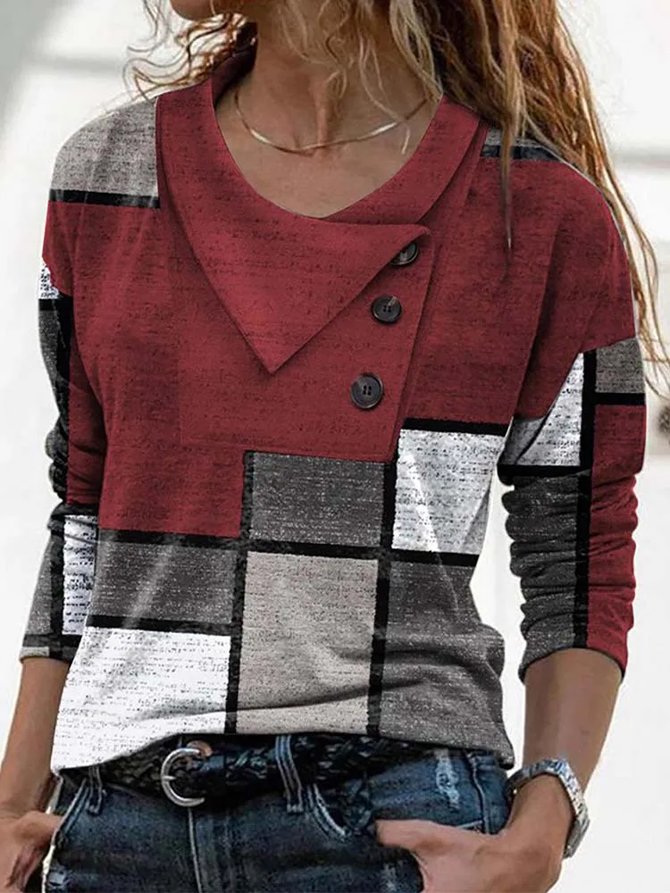 Mode Geometrie Druck T-Shirt Frauen Casual Herbst Taste Langarm Tops Chic Kreis Dekoration Tees 3XL – Detail 9