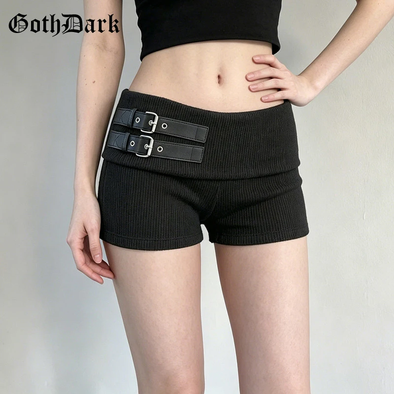 

Goth Dark Casual Solid Buckle Sashes Knitting Shorts Women Punk Streetwear Mall Gothic Thread Low Waist Hot Pants Slim Bottoms