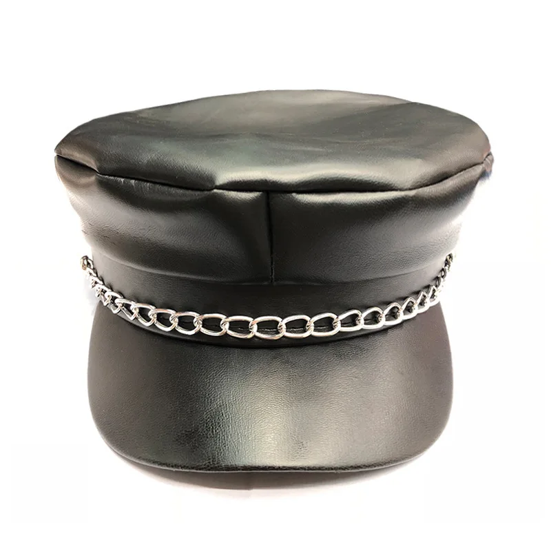 Pu Leather Chain Navy Hat Black Flat Top Short Brim Hat Men And Women Retro Chain Performance Cosplay Leather Hat