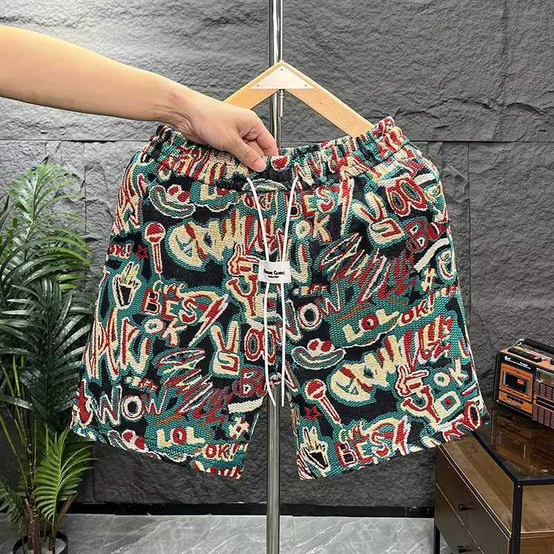 

Summer New Fashion Color Woven Embroidery Sports Wide Leg Shorts Men's Trendy Beach Casual Pants mid High Waist Breathable