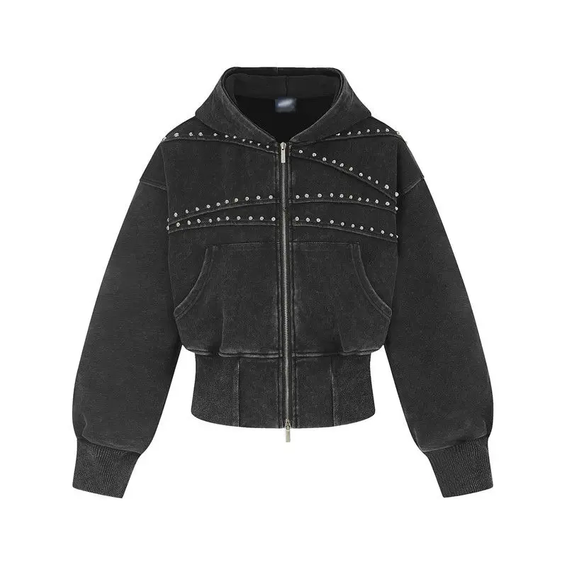 American Y2K retro washed distressed rivet zipper jacket for women autumn short hooded sweatshirt for men