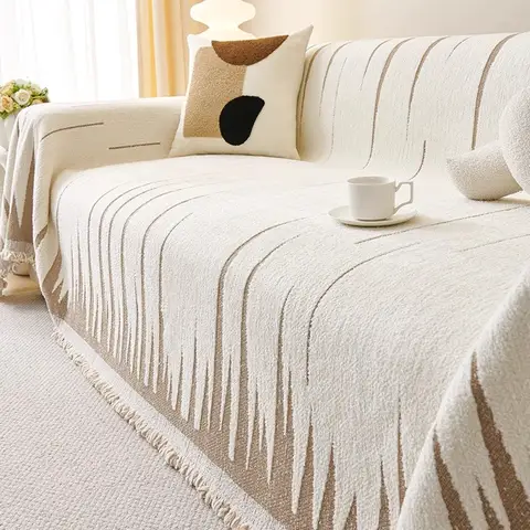 Fluffy Geometric Jacquard Warm Soft Sofa Towel with Tassels, for Living Room Couch Cover, Blanket