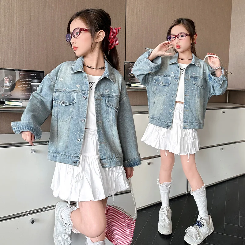 

New Design Children Luxury Denim Jacket with Rhinestones and Pearls Kids Girl High Fashion Street Outfit Jeans Coat Age 5-14 Y