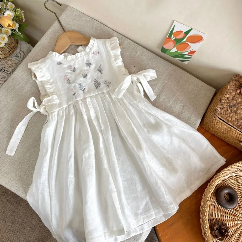 Linen Embroidery Floral Girl\'s Dress Clothes Children\'s Wear Girls Toddler Fashion Summer Dresses Casual Clothes 2-8 Years Old